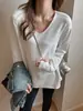 Camiseta Gruesa de Manga Larga Cepillada para Mujer Otoño e Invierno, Cuello en V Estilo Perezoso Holgado, Camiseta Básica, Top Interior Casual Coreano