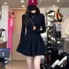 Elegante Vestido Negro Plisado Estilo Princesa para Mujer, Nueva Colección Primavera y Otoño, Vestido Corto con Cintura Ceñida Adelgazante y Mangas Abullonadas
