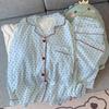 Pijama de Luxo Leve Feminino Primavera Tecido Amassado Manga Longa Calça Fina Doce Bolinhas Conjunto Roupa de Fora Roupas de Casa Atacado