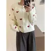 Suéter jacquard com padrão de coração estilo coreano para mulheres, jaqueta cardigã de outono com zíper duplo e gola redonda, modelagem solta