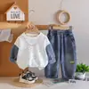 Conjunto de Sudadera para Niños Primavera y Otoño con Parche de Mezclilla Tie-Dye Sudadera de Cuello Redondo Trendy Collar Rayado Conjunto de Dos Piezas