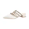 Mules pontudas com tachas estilo francês para mulheres, para usar no verão ao ar livre, salto grosso, confortáveis para os pés, cor nude, deslumbrantes sandálias de salto alto