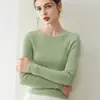 Top quente 100% cashmere puro, gola redonda, malha canelada, base justa, suéter feminino