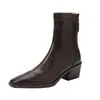 Botines Cortos Marrones de Tacón Medio-Alto Estilo Coreano para Mujer, Botines Chelsea Chelsea de Punta Cuadrada Suave Estilo Británico con Cremallera Trasera, Botines de Tobillo de Tacón Grueso Ajustados