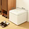 Banqueta para Trocar Sapatos na Entrada, Banqueta Baixa para Uso Doméstico, Banqueta com Armazenamento, Cor Café, Pode Ser Usada para Sentar, Banqueta com Armazenamento para os Pés, Banqueta Quadrada Moderna para Sofá