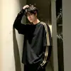 Moletom blocos de cor listrado preto falso duas peças para homens, camiseta de algodão puro emendada com fio duplo, blusa de manga comprida estilo jovem
