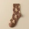 Calcetines de algodón peinado cosidos a mano para mujer, otoño, dulces, a rayas, con letras, de oso, nuevos, en stock