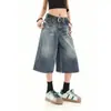 Shorts de mezclilla cropped desgastados lavados de corte holgado estilo retro americano para mujer, pantalones de pierna ancha de longitud media de diseño de moda urbana para verano