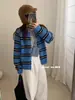 Cardigã de Tricô Listrado Retrô Coreano com Zíper Duplo 2026 Outono e Inverno Novo Versátil Color-Blocking Gola Redonda Jaqueta Suéter para Mulheres