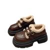 Zapatos de cuero con forro polar y suela gruesa de estilo británico para mujer, otoño e invierno 2024, nuevos mocasines franceses combinables, zapatos Mary Jane de algodón