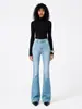 Jeans Feminino Micro-flare de Cintura Alta, Elástico, Slim Fit, Levanta Bumbum, Azul Claro, 26, Novo Clássico de Outono, Design Lavado Emagrecedor