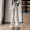 Calça Flare de Tricô com Renda para Mulheres, Novo Estilo Outono, Cintura Elástica, Cintura Alta, Emagrecedor, Casual, Calça Flare Comprida