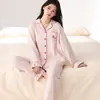 Pijama de primavera y otoño para mujer, algodón elástico, casual, se puede usar afuera, cárdigan con cuello de solapa, ropa de casa de manga larga, traje fino de otoño
