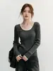 Suéter Básico de Punto con Encaje en Contraste y Cuello en U Suave y Amigable con la Piel para Mujer, de Manga Larga, Ajustado, de Canalé, para Primavera/Otoño