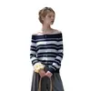Suéter de punto de manga larga off-the-shoulder para mujer, nuevo estilo coreano de otoño, top tipo jersey a rayas con bloques de color
