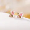 Brincos de Prata S925 Banhados a Ouro Rosa com Turmalina Cor Prata Yilu Borboleta Exquisita Pequena Moda Temperamento Brincos de Tarraxa Prata