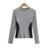 Camiseta Feminina Manga Longa Curta Gola Redonda Borda Reta Estilo Hot Girl Outono Inverno Nova Slim Slim Cintura Alta Camisa Básica Top
