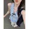 Colete Halterneck Estilo Doce Francês com Laço e Bolinhas para Mulheres Verão Design Bainha de Botão de Flor Top Emagrecedor