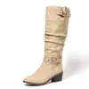 Botas Western de Salto Grosso de Cano Alto com Fivela de Cinto, Sapatos Femininos de Tamanho Grande, Botas de Moda Retrô de Outono, Zíper Lateral, Bico Redondo, Botas de Equitação
