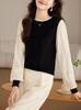 2025 Primavera y Otoño Nuevo Estilo Super Bonito Manga Linterna Falso Dos Piezas Ropa de Punto para Fondo Pequeño Suéter Cuello Redondo Top para Mujer