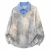 Sudadera para hombre 2026 otoño nueva chaqueta de moda casual falsa de dos piezas con bloques de color cuello de camisa manga larga top holgado