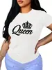 Camiseta de Manga Corta con Estampado de Letras y Corona, Cuello Redondo, Ropa Casual para Mujer de Primavera y Verano