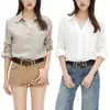Camisa blanca de lino natural de manga larga, color liso, cuello en V, simple y versátil para mujer, estilo casual Q252004