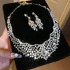 Aretes Colgantes y Collar de Flor de Circonita Brillante Estilo Corte Europeo y Americano, Cadena Ligera de Lujo Nicho para Clavícula, Joyería Exquisita Transfronteriza