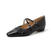 Zapatos Mary Jane de Cuña Interior de Piel de Oveja con Pliegues Suaves 2025 Tacón Medio Punta Cuadrada Correa Cruzada de Cuero Talla 41 Plus