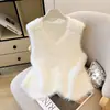Colete tricotado estiloso com pérolas, feito de pele sintética de alta qualidade espessa, para mulheres, peça de outer wear, blusa