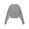 Cardigan de Punto con Cuello Redondo, Botones al Frente, Rayas de Color Contrastante y Mangas Largas, Estilo Europeo y Americano, Traje de Pantalones de Punto Ultrakortos para Mujer, Cintura Baja con Cordón, Cubre Cadera