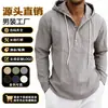 Camisa Henley con capucha a rayas de lino para hombre, ajuste holgado, estilo casual americano, popular, manga larga, transfronteriza de Amazon