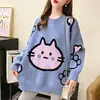 Estilo coreano otoño e invierno Nuevo suéter de punto para mujer estilo perezoso holgado combinación de colores gato de dibujos animados jacquard cuello redondo suéter mujer