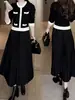 Vestido Longo Manga Longa Falso Duas Peças Color Block para Mulheres, Novo Design de Inverno, Vestido de Moda de Nicho