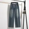 Foto Real de Jeans para Mujer Tallas Grandes 2025 Nuevo Estilo Cintura Elástica Cordón Ajuste Holgado Pierna Ancha para Mujeres Petites