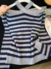 Otoño/Invierno Nuevo Suéter de Punto de Alta Gama con Cuello Halter Cruzado Hombros Descubiertos Manga Larga Estilo Coreano Bloque de Color Rayas Versátil para Mujer