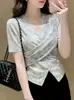 Elegante y Cómoda Camisa de Manga Corta con Cuello en V Estilo Francés para Mujer, Top de Verano Adelgazante que Ceñe la Cintura con Diseño de Abertura