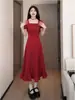 Un Vestido, Cuatro Formas de Llevar: Vestido de Manga Corta con Diseño Ceñido a la Cintura, Efecto Adelgazante, Falda Larga Fruncida, Estilo Delgado, Negro y Rojo Tomate, Adecuado para el Trabajo