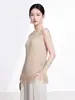 Camiseta sin mangas con borlas Miyake para mujer, diseño único, plisado de escamas de pez, cuello redondo, color liso, corte línea A, camiseta top adelgazante, moderna