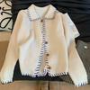 Casaco Cardigan Tricotado Feito à Mão em Cores Contrastantes Feminino Outono 2024 Novo Casual Solto Emagrecedor Estilo Preguiçoso Peça de Cima Versátil