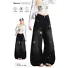 Jeans de mujer con estampado de estrella de cinco puntas y dobladillo curvo, estilo retro americano nuevo y moderno, pantalones anchos holgados y estilizados
