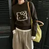 Suéter Jacquard de Gato de Dibujos Animados con Cuello Redondo Estilo Coreano para Mujer Otoño Invierno 2026 Nuevo Manga Raglán Suave Holgado de Punto Top