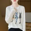 Novo estilo de verão, gola redonda, malha fina, caimento solto, top emagrecedor com estampa de gatinho, pulôver de manga comprida, estilo coreano para mulheres
