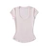 Camiseta Retro de Gola U Americana de Ombro Manga Curta Feminina Tencel Básica Simples Cor Sólida Ajustada Bainha Curva Top