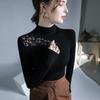 2024 Novo Outono e Inverno Pequena Gola Alta Camiseta Preta de Base com Recorte Vazado Mangas Longas para Mulheres