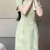 Nuevo Vestido Largo Estilo Chino Retro con Estampado de Libélula, Manga Corta, Cheongsam Mejorado con Diseño ceñido a la cintura, Vestido de Verano Ajustado con Aberturas abotonadas
