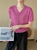 Chamarra de manga corta con botones, elegante y transpirable para primavera y verano, con un diseño único de cuello en V y tela Tencel texturizada
