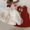 Vestido Cheongsam Vermelho para Meninas Roupa de Inverno 2026 Novo Vestido Colete Estiloso com Lã Conjunto de Ano Novo Vestido de Duas Peças