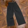 Pantalones de Kendo a rayas de doble cintura con botón, exclusivos transfronterizos; Pantalones rectos de corte limpio de alta gama estilo traje con pliegues y caída.
