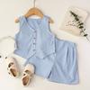 Ropa Infantil Transfronteriza Conjunto de Dos Piezas Top Azul sin Mangas y Shorts Verano Lindo y Elegante Nuevo Estilo Ropa Casual para Niñas